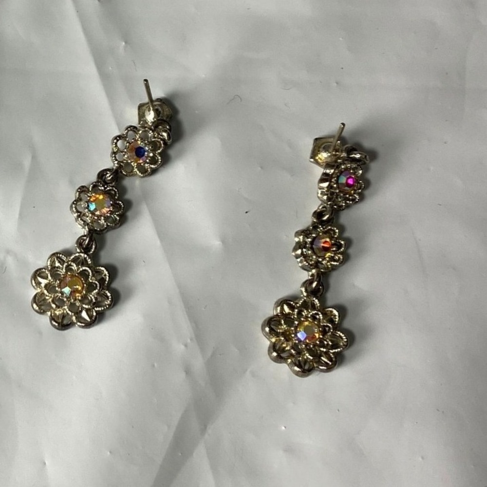Dangle Earrings Flower Charms Rhinestone Accents Gold Tone